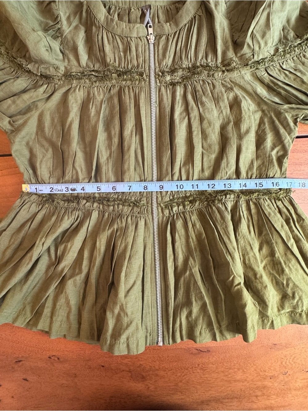 Anthropologie NWT Olive Green Ruffle Zip Front Blouse Top Size M - Picture 7 of 9